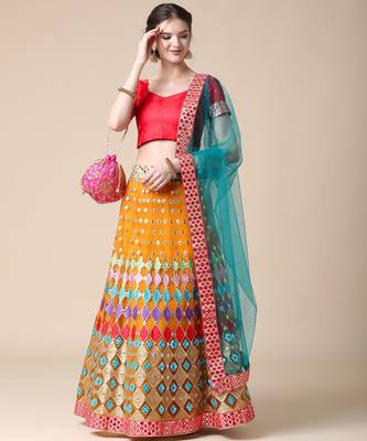 Orange Designer Multi Embroideried Net Lehenga Choli With Blouse & Dupatta 3