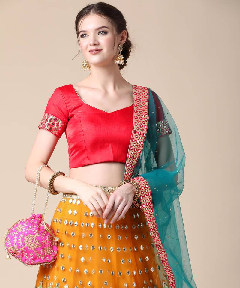 Orange Designer Multi Embroideried Net Lehenga Choli With Blouse & Dupatta
