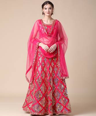 Pink Designer Sequence Embroideried Malai Satin Lehenga Choli With Blouse & Dupatta 1