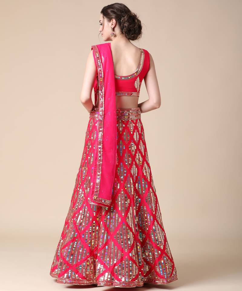 Pink Designer Sequence Embroideried Malai Satin Lehenga Choli With Blouse & Dupatta
