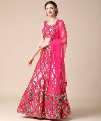 Pink Designer Sequence Embroideried Malai Satin Lehenga Choli With Blouse & Dupatta 3