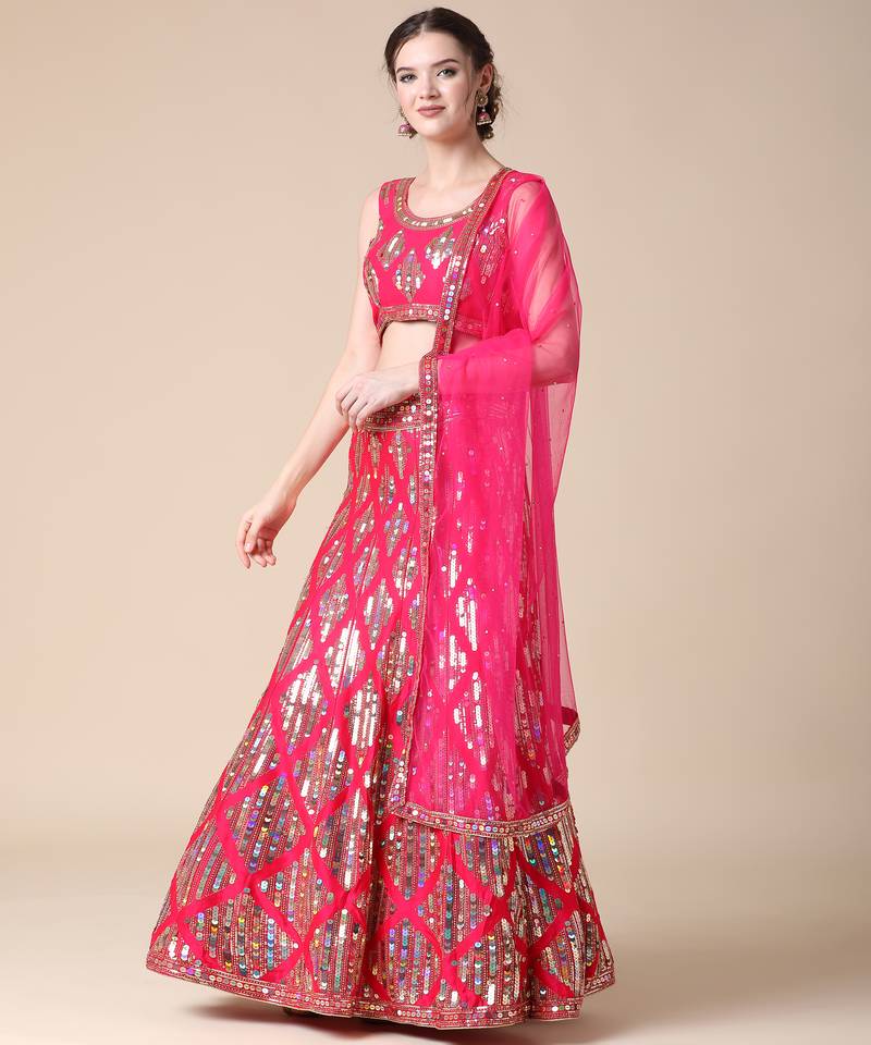 Pink Designer Sequence Embroideried Malai Satin Lehenga Choli With Blouse & Dupatta