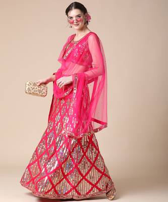 Pink Designer Sequence Embroideried Malai Satin Lehenga Choli With Blouse & Dupatta 5