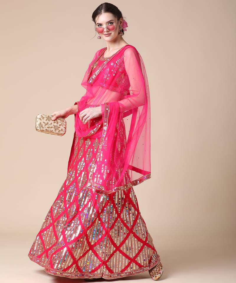 Pink Designer Sequence Embroideried Malai Satin Lehenga Choli With Blouse & Dupatta