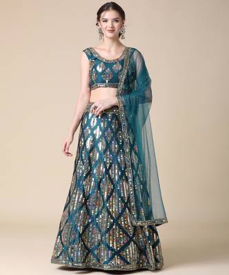 Peacoke Designer Sequence Embroideried Malai Satin Lehenga Choli With Blouse & Dupatta 1