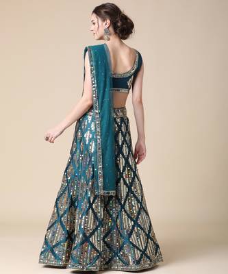 Peacoke Designer Sequence Embroideried Malai Satin Lehenga Choli With Blouse & Dupatta 2