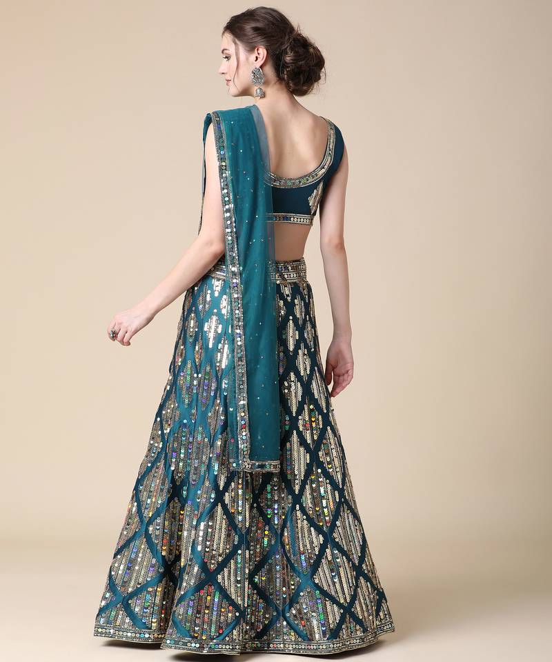 Peacoke Designer Sequence Embroideried Malai Satin Lehenga Choli With Blouse & Dupatta