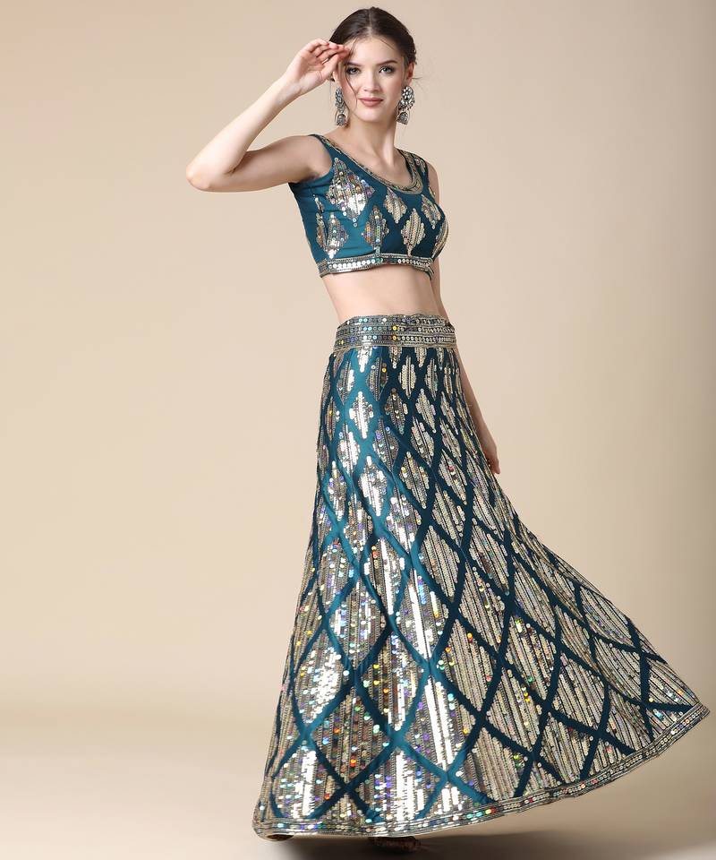 Peacoke Designer Sequence Embroideried Malai Satin Lehenga Choli With Blouse & Dupatta