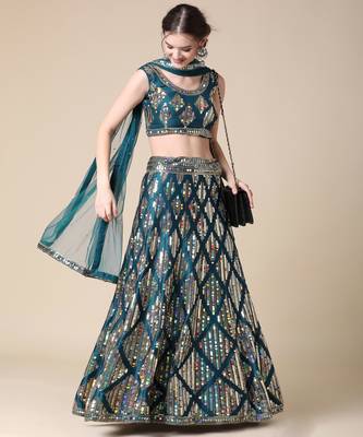 Peacoke Designer Sequence Embroideried Malai Satin Lehenga Choli With Blouse & Dupatta 5