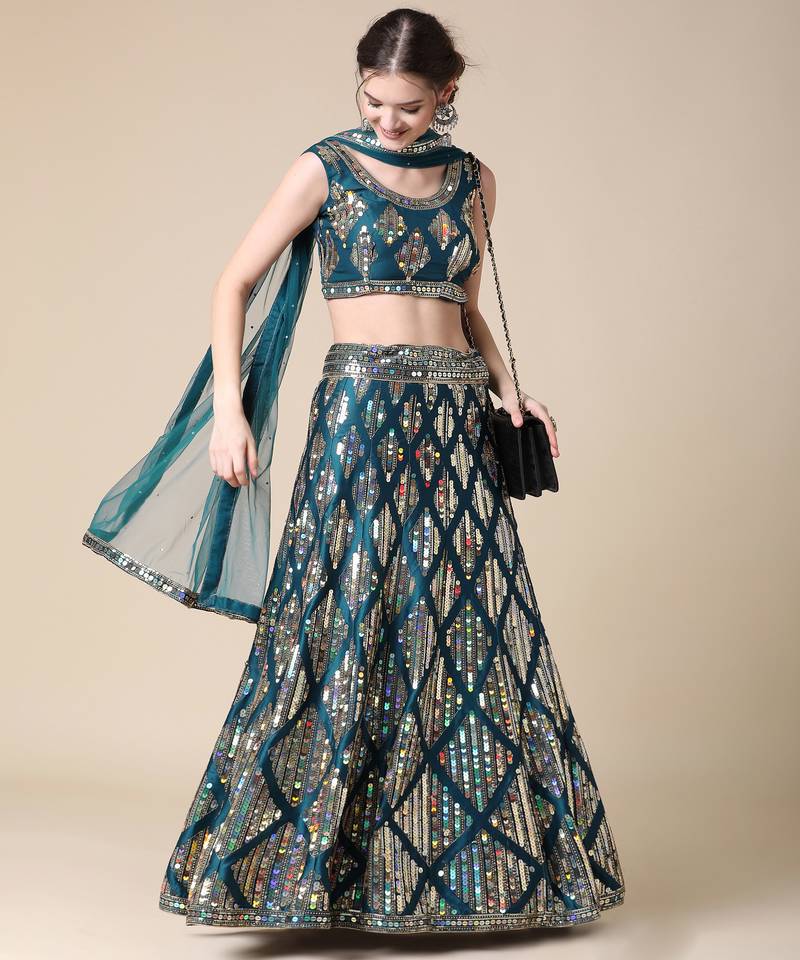 Peacoke Designer Sequence Embroideried Malai Satin Lehenga Choli With Blouse & Dupatta