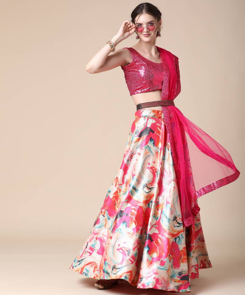 Multicolor Designer Digital Print French Gota Sequence Embroidery Lehenga Choli With Blouse & Dupatta