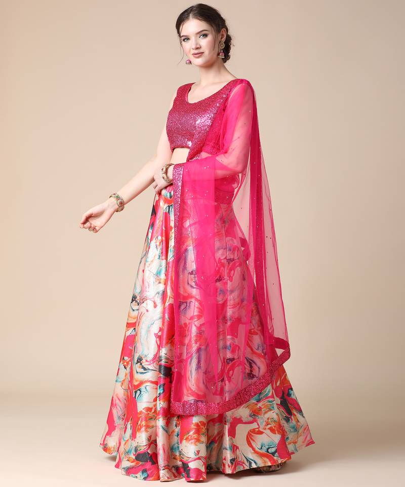 Multicolor Designer Digital Print French Gota Sequence Embroidery Lehenga Choli With Blouse & Dupatta