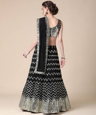 Black Designer Sequence Embroideried Faux Georgette Lehenga Choli With Blouse & Dupatta 2