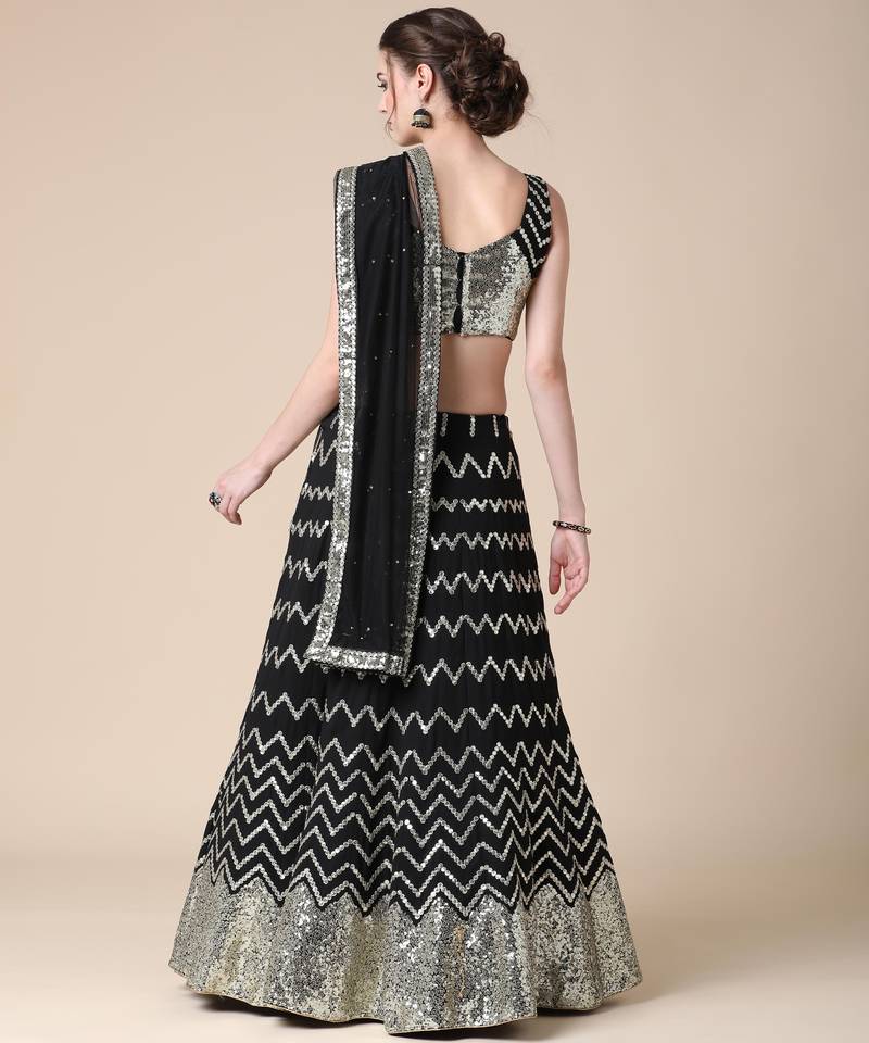 Black Designer Sequence Embroideried Faux Georgette Lehenga Choli With Blouse & Dupatta