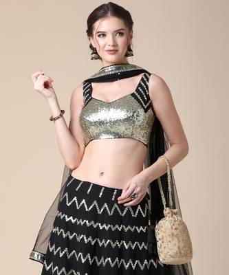 Black Designer Sequence Embroideried Faux Georgette Lehenga Choli With Blouse & Dupatta 5