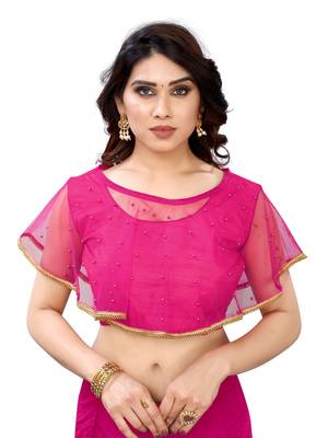 Pink art silk stitching round neck blouse 1