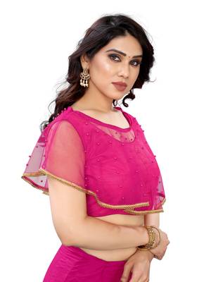 Pink art silk stitching round neck blouse 3