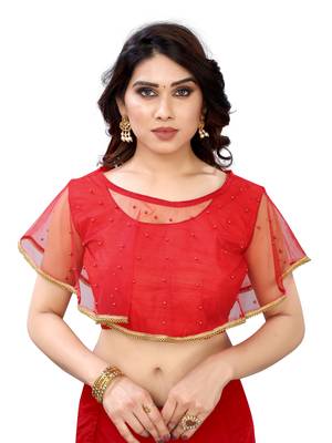 Red art silk stitching round neck blouse 1
