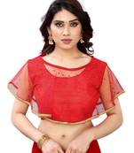 Red art silk stitching round neck blouse