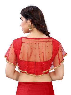 Red art silk stitching round neck blouse 2