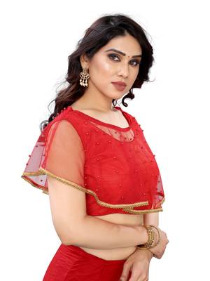 Red art silk stitching round neck blouse 3