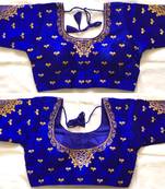 Blue art silk stitching round neck blouse