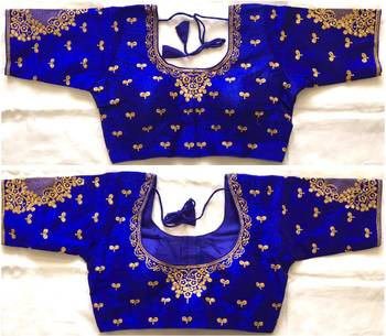Blue art silk stitching round neck blouse 2