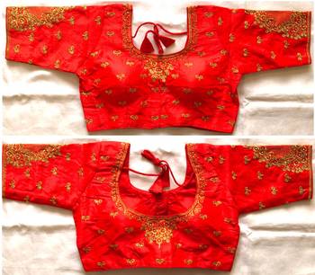 Red art silk stitching round neck blouse 1