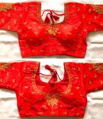 Red art silk stitching round neck blouse