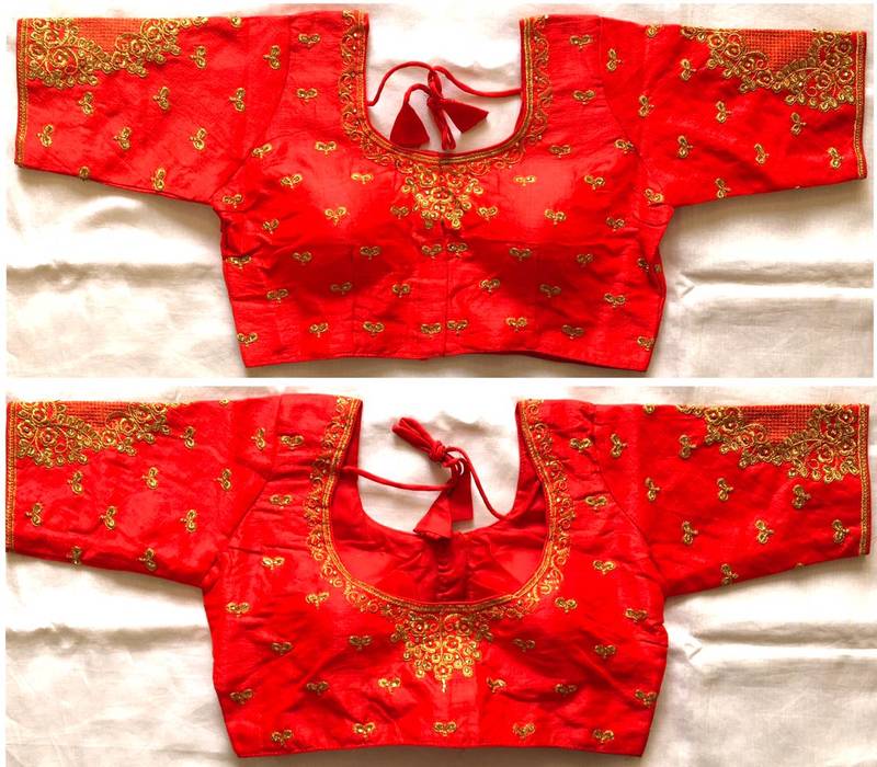 Red art silk stitching round neck blouse