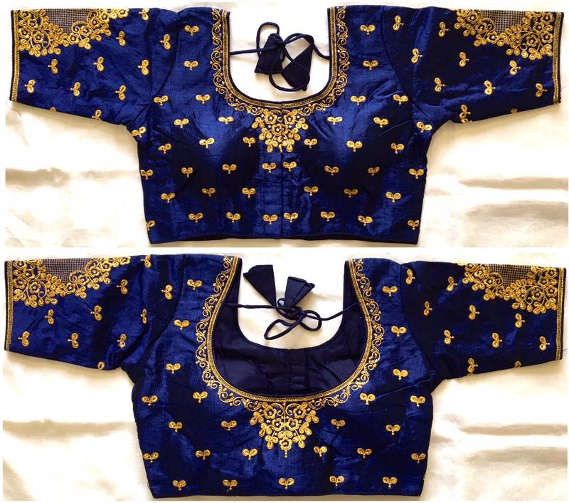 Navyblue art silk stitching round neck blouse