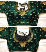 Green art silk stitching round neck blouse