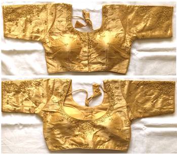 Gold art silk stitching round neck blouse 1