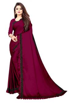 Wine embroidered silk blend saree with blouse