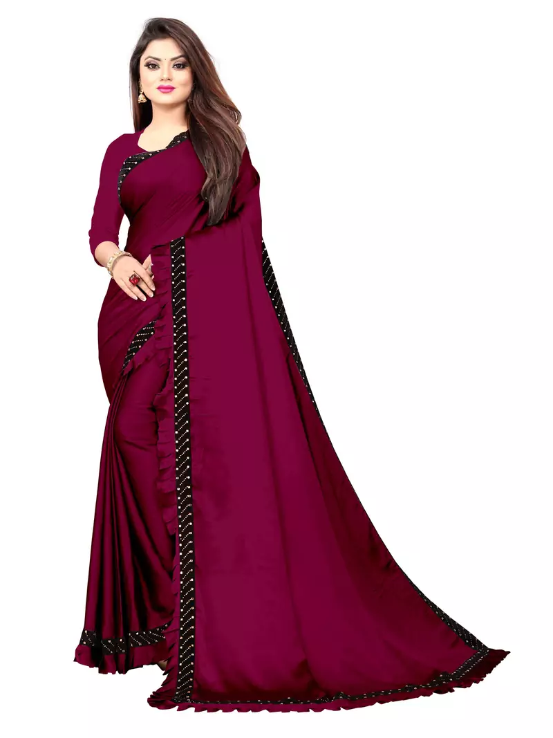 Wine embroidered silk blend saree with blouse