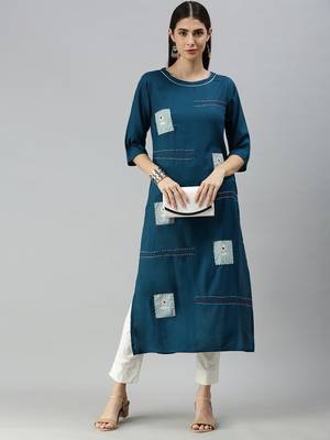 Kimisha Women's Dark Teal Rayon Kantha And Gota Patti Work Straight Kurta  1