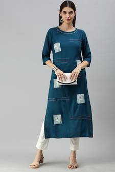 Kimisha Women's Dark Teal Rayon Kantha And Gota Patti Work Straight Kurta 