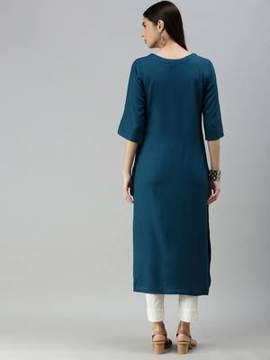 Kimisha Women's Dark Teal Rayon Kantha And Gota Patti Work Straight Kurta  2