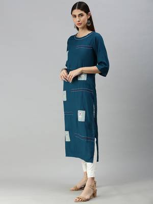 Kimisha Women's Dark Teal Rayon Kantha And Gota Patti Work Straight Kurta  3