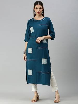 Kimisha Women's Dark Teal Rayon Kantha And Gota Patti Work Straight Kurta  4