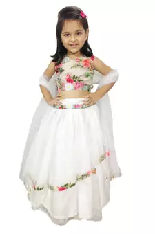 Anita Balia Label Baby Girllehenga choli ' italian crepe Blouse with organza lahenga and dupatta.FULLY STITCHED. WHITE