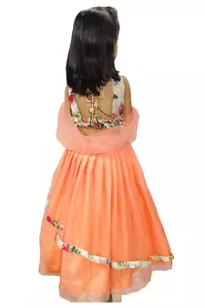 Anita Balia Label Baby Girllehenga choli ' italian crepe Blouse with organza lahenga and dupatta.FULLY STITCHED. Peach