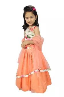 Anita Balia Label Baby Girllehenga choli ' italian crepe Blouse with organza lahenga and dupatta.FULLY STITCHED. Peach