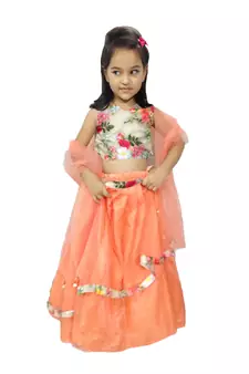 Anita Balia Label Baby Girllehenga choli ' italian crepe Blouse with organza lahenga and dupatta.FULLY STITCHED. Peach