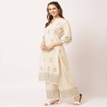 Cream printed cotton kurta-sets 3