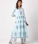 Light-sky-blue printed cotton kurta-sets