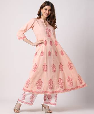 Peach printed cotton kurta-sets 1