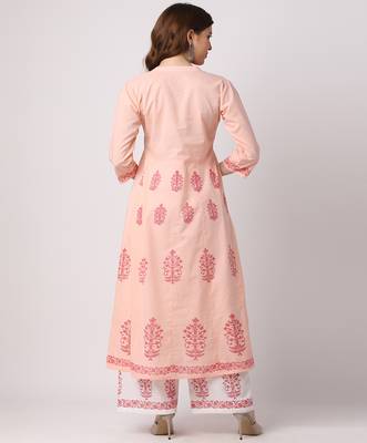 Peach printed cotton kurta-sets 2