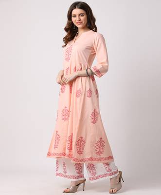 Peach printed cotton kurta-sets 3