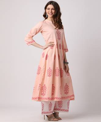 Peach printed cotton kurta-sets 4